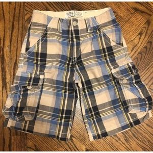 CHILDREN’S PLACE BOYS BLUE BEIGE PLAID 100% COTTON CARGO SHORTS SIZE 8